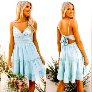Impressions crochet dress in sky blue.